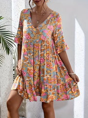  Floral Print V-Neck Mini Smock Dress