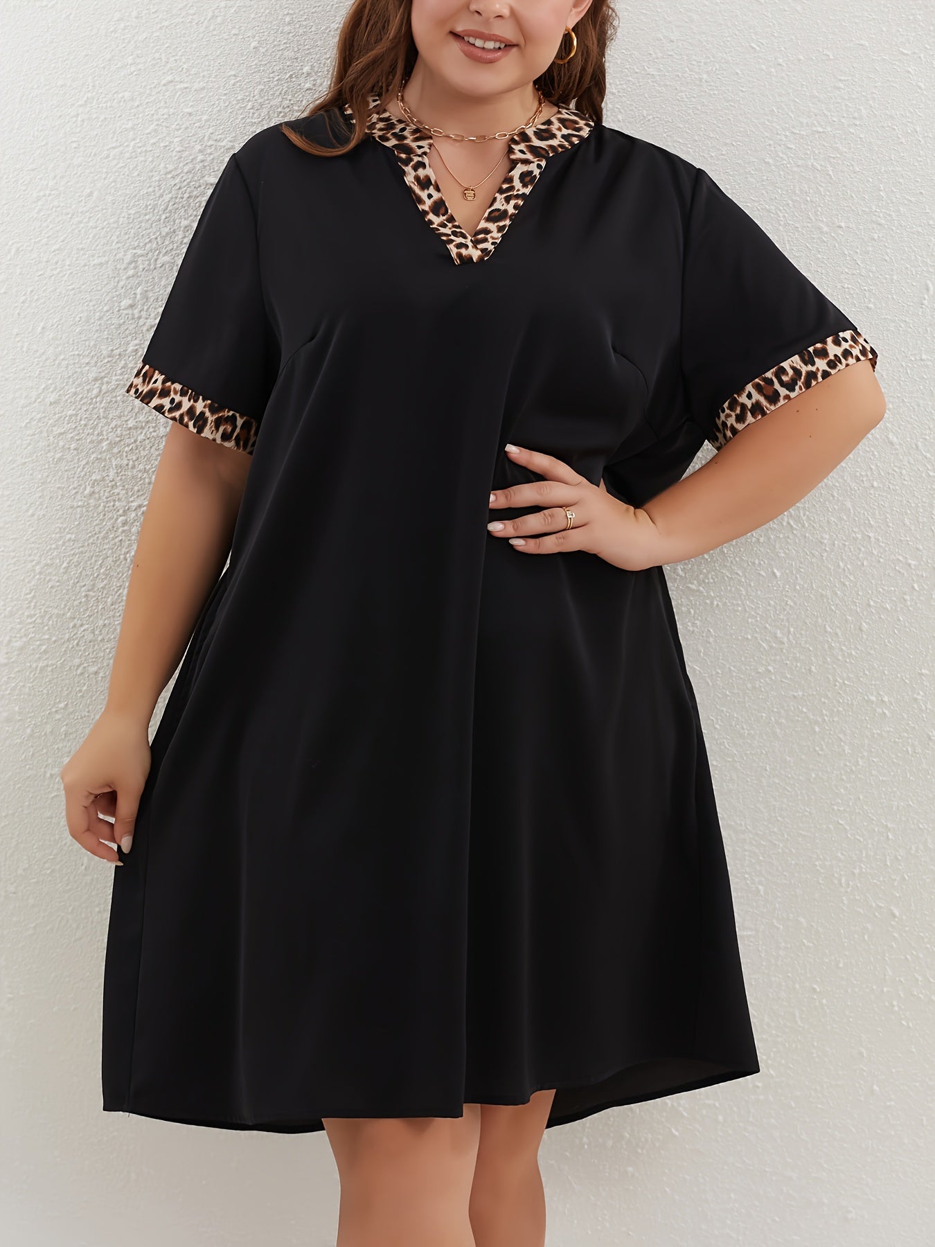  Colorblock Leopard Print V Neck Dress With Pockets
