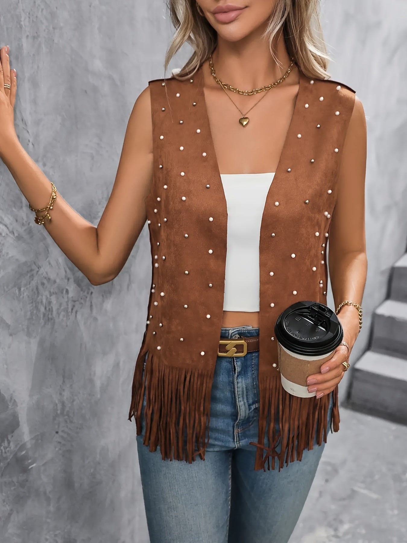  Casual Cardigan w/ Faux Pearl Decor Faux Suede Fringe Trim