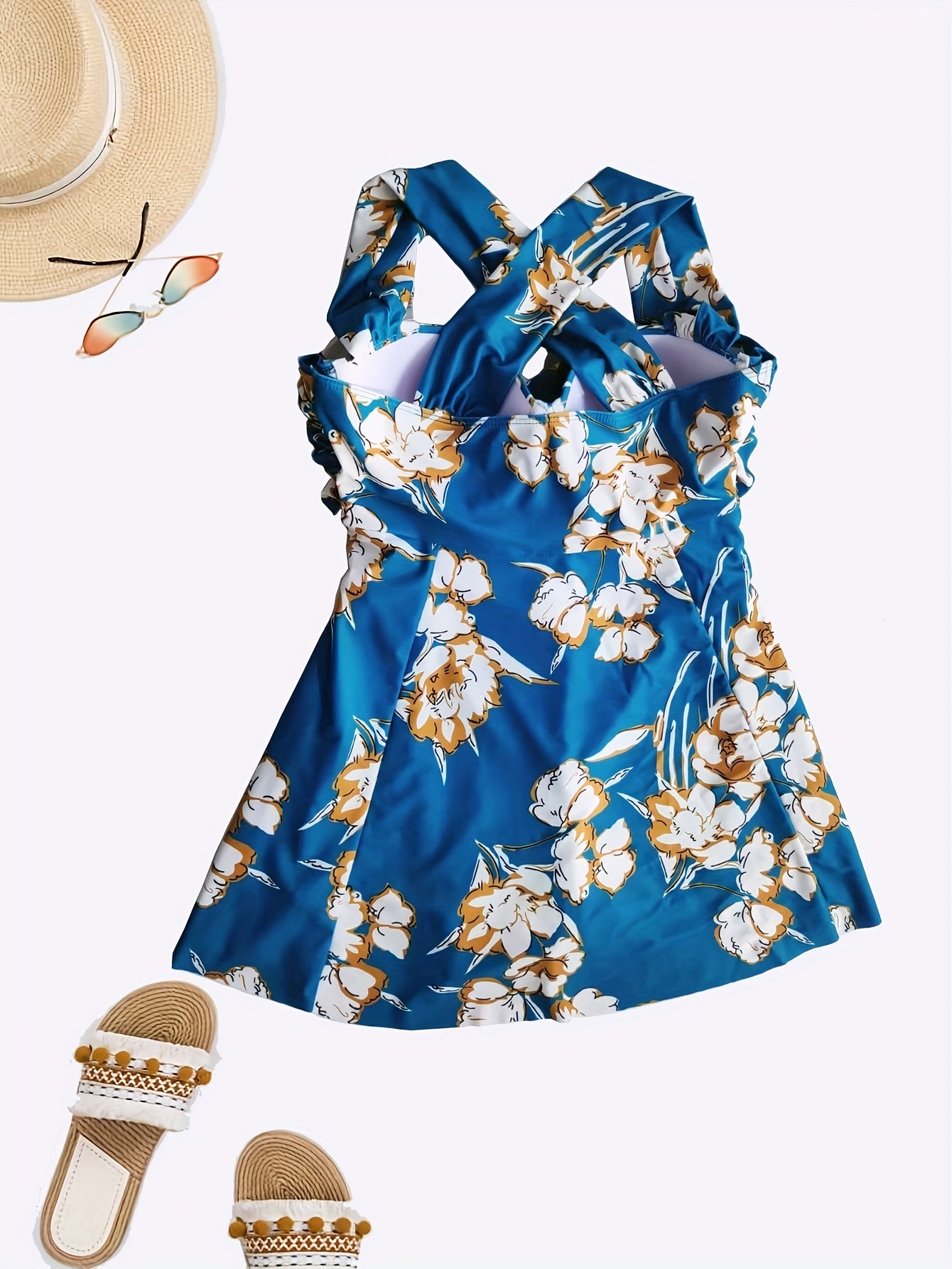  Swimsuit Women's Plus Floral Print Crisscross Back Skirted One Piece