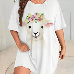  Lamb Print Nightdress Round Neck Short Sleeve Loungewear Dress