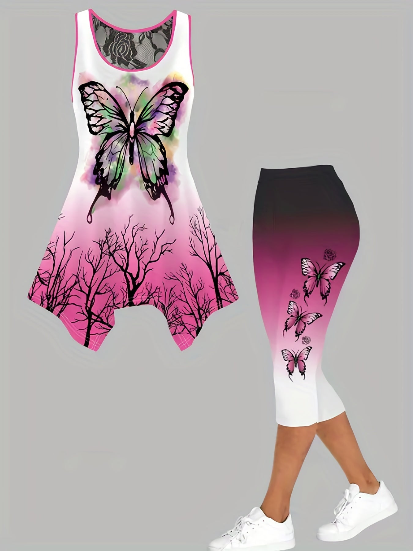 Butterflies Print 2 Pieces Set Sleeveless Tops & Leggings Set