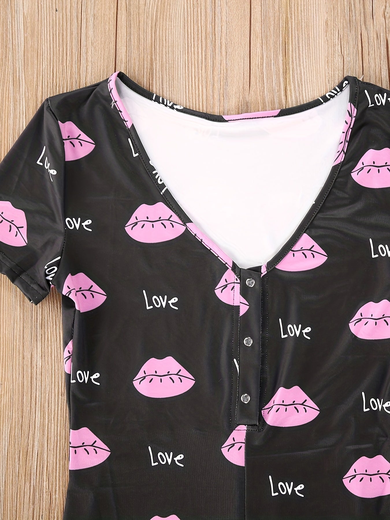Lip & Letter Print Romper Jumpsuit V neck Button Romper Jumpsuit