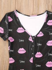 Lip & Letter Print Romper Jumpsuit V neck Button Romper Jumpsuit