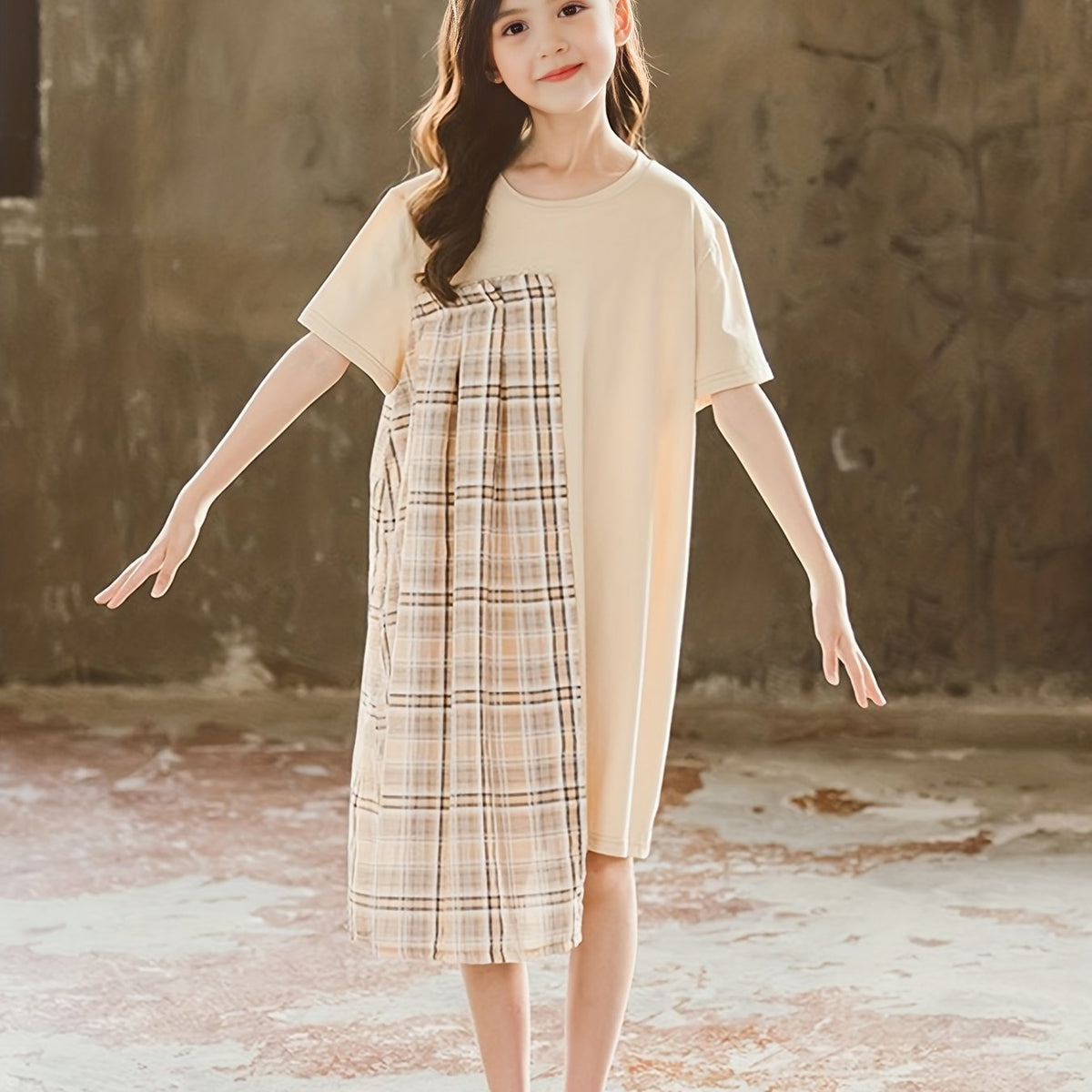 Girls' Plaid Patchwork Short Sleeve Casual Dress