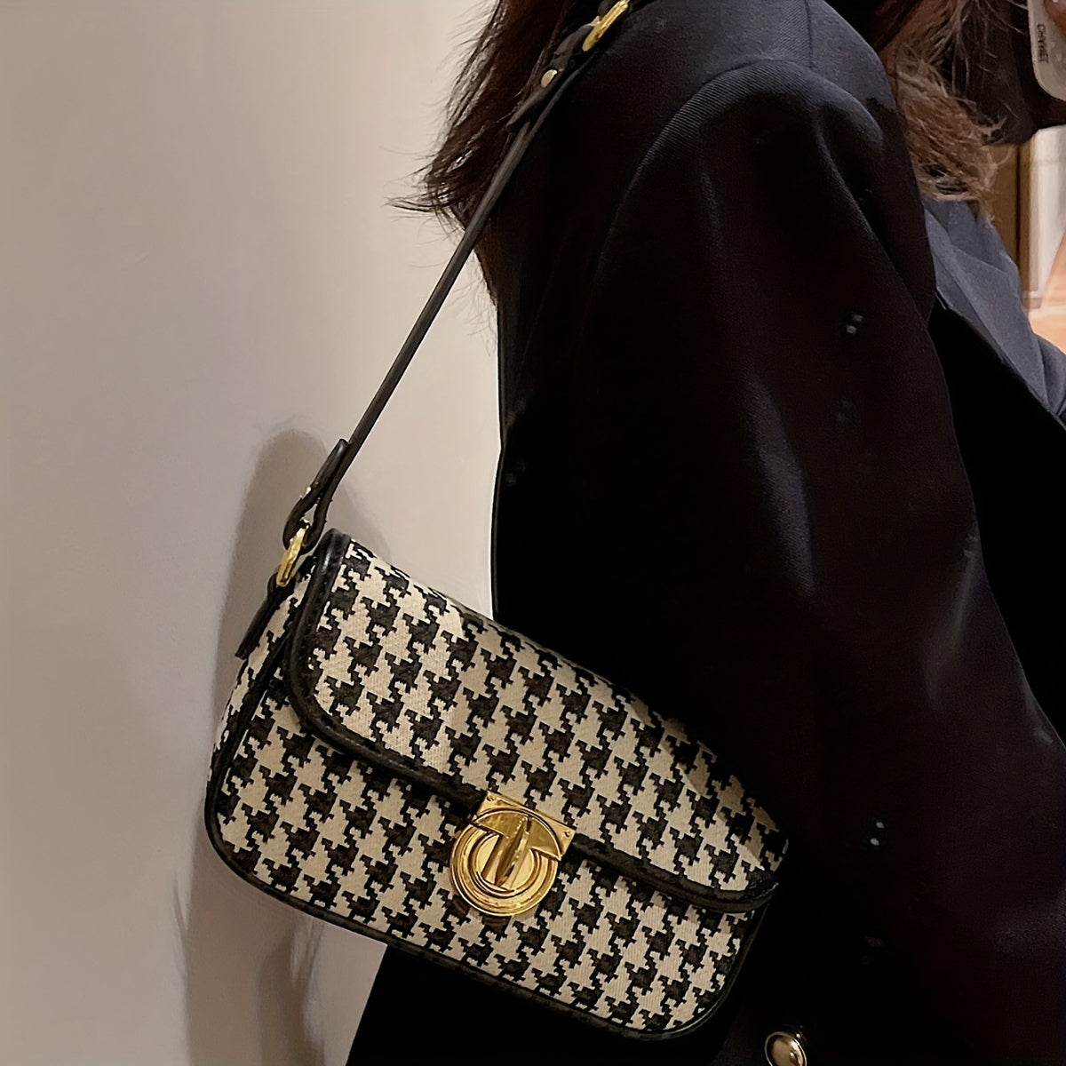 Women's Houndstooth Underarm Bag Lightweight Turn Lock Armpit Bag