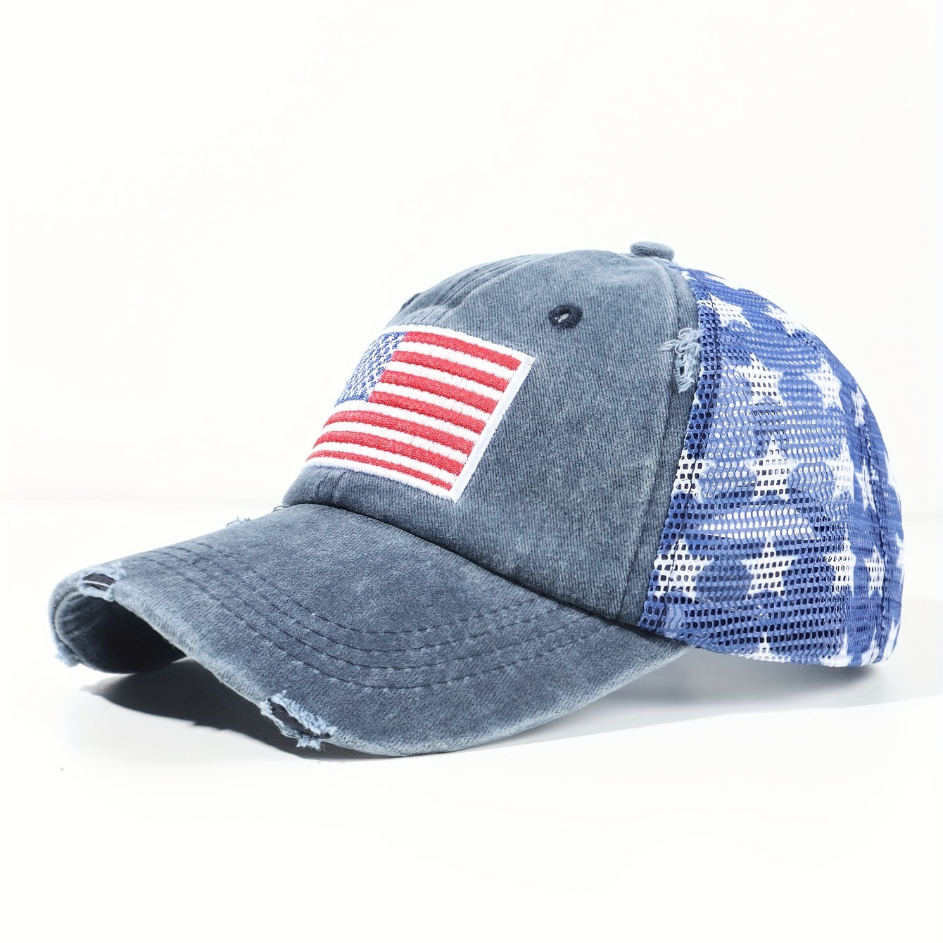 Pentagram Print Mesh Trucker Hat Navy Distressed Baseball Cap