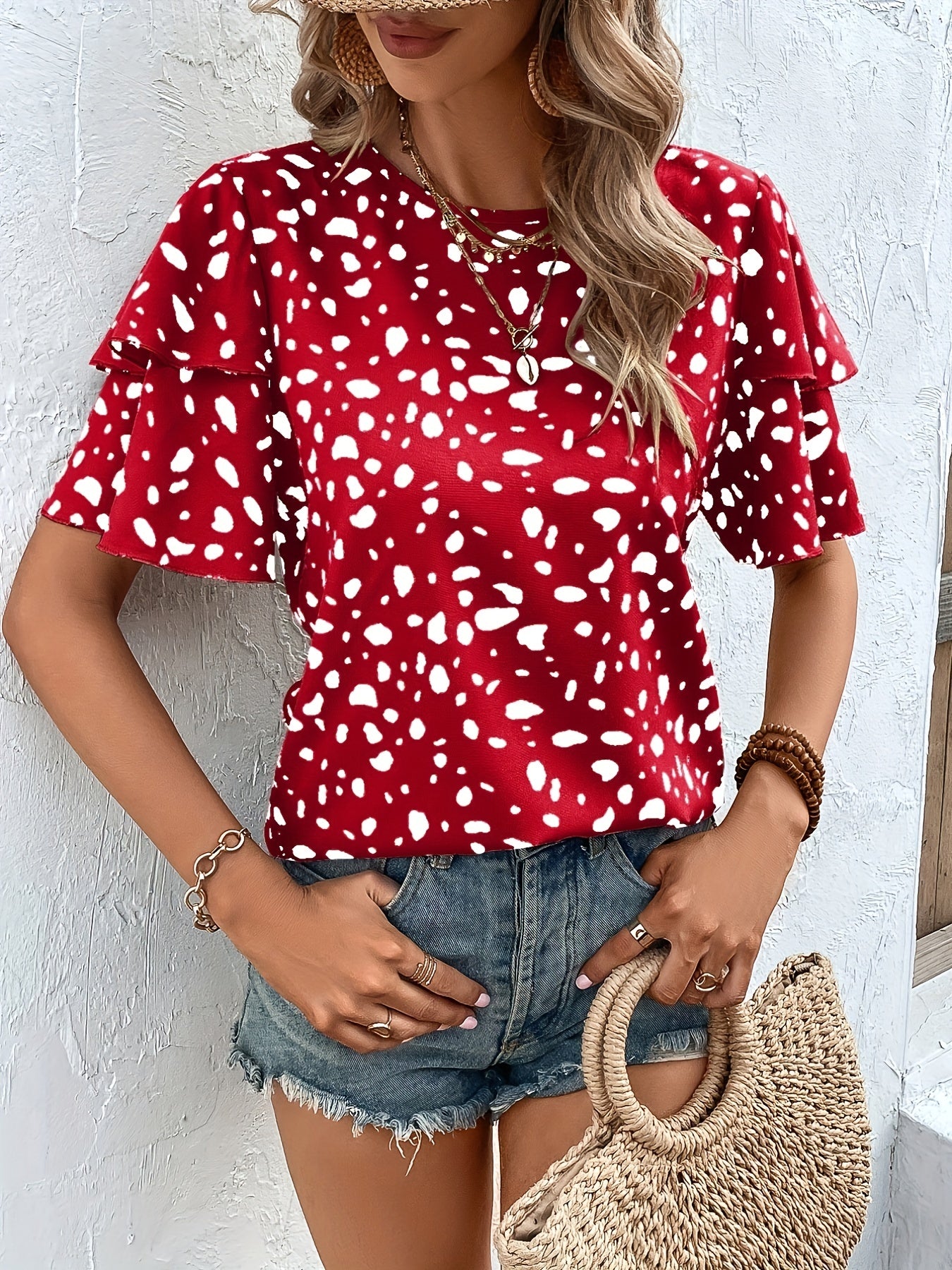  Random Print Layered Short Sleeve Blouse