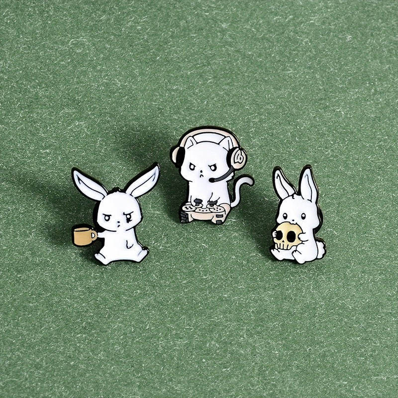 Rabbit Cat Enamel Pins Eating Skull Drink Play Games Cartoon Brooches
