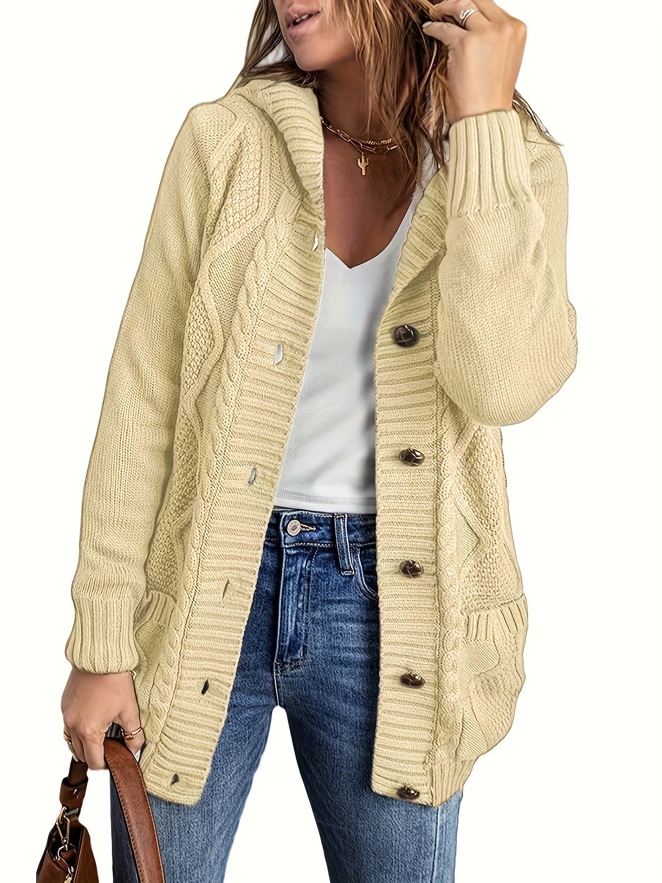  Cable Button Up Hooded Jumper
