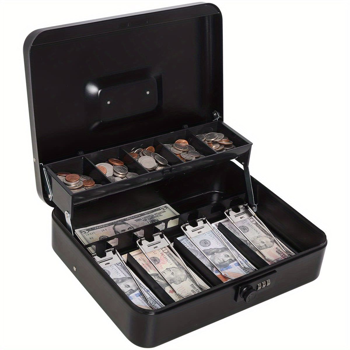 Combination Lock Cash Box Money Storage Safe with Tray