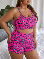  Leopard Print Tankini Set - Criss Cross Back Crop Top & Shorts