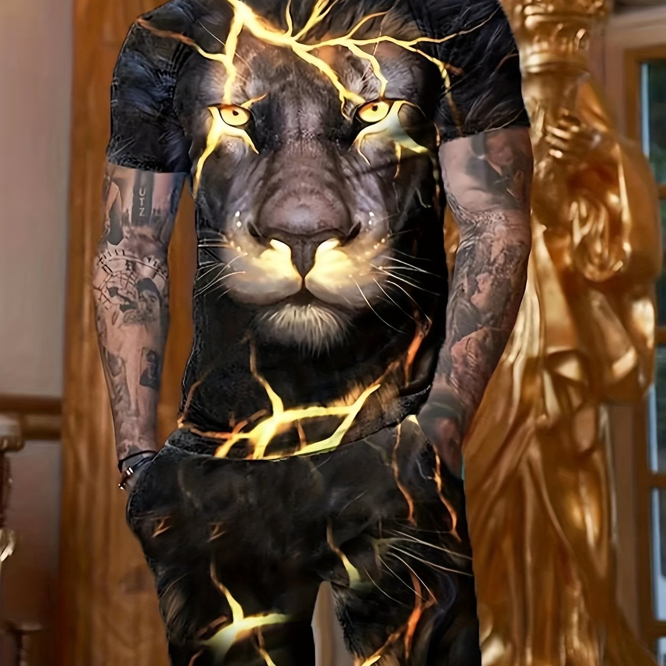 3D Lion Pattern Print Men's 2Pcs Outfits Crew Neck Short Sleeve T shirt