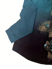  Feather Print Button Up Long Sleeve Blouse