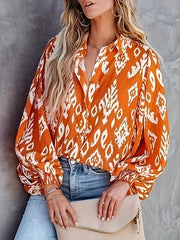  Ikat Print Button Up Lantern Sleeve Blouse