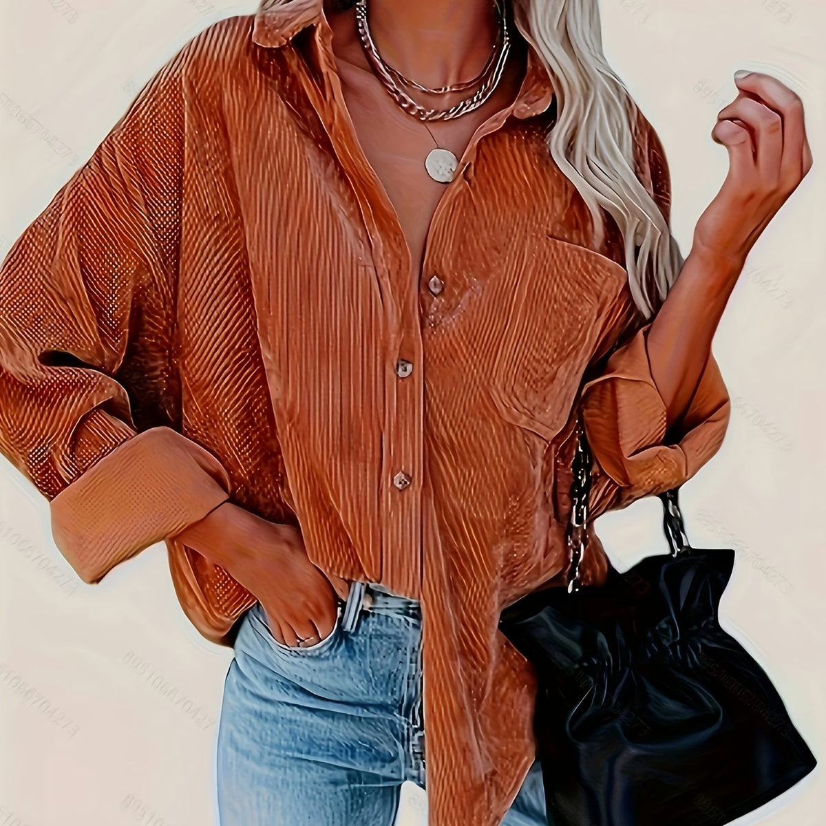 Solid Corduroy Long Sleeve Button Up Lapel Collar Shirt Top