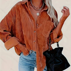  Solid Corduroy Long Sleeve Button Up Lapel Collar Shirt Top