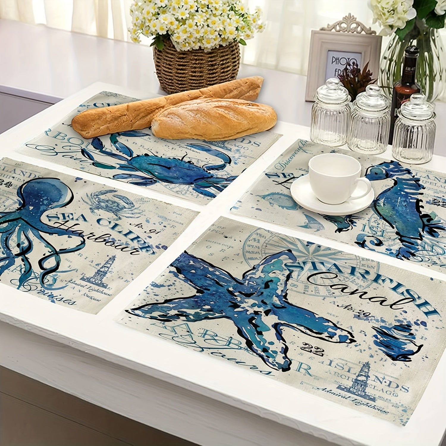 4pcs Vintage Ocean Style Linen Placemat Summer Sea Theme Table Mat