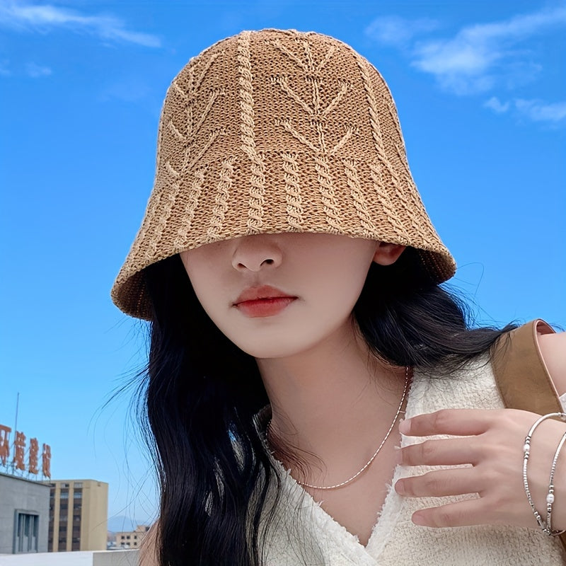 Ribbed Knitted Bucket Hat Solid Basin Hat Casual Sunscreen Travel Beach Hat
