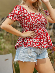  Floral Print Puff Sleeve Peplum Top