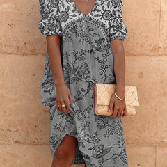  Floral Print V Neck Midi Dress