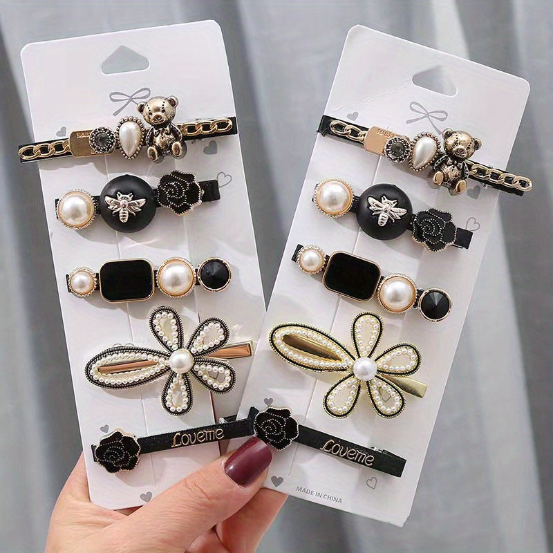 6pcs Retro Teddy Bear Flower Hair Clip Feather Scissors Faux Pearl Side Clip