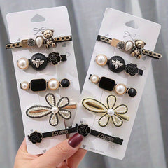 6pcs Retro Teddy Bear Flower Hair Clip Feather Scissors Faux Pearl Side Clip