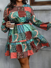  Colorblock Floral Print Lantern Sleeve Dress