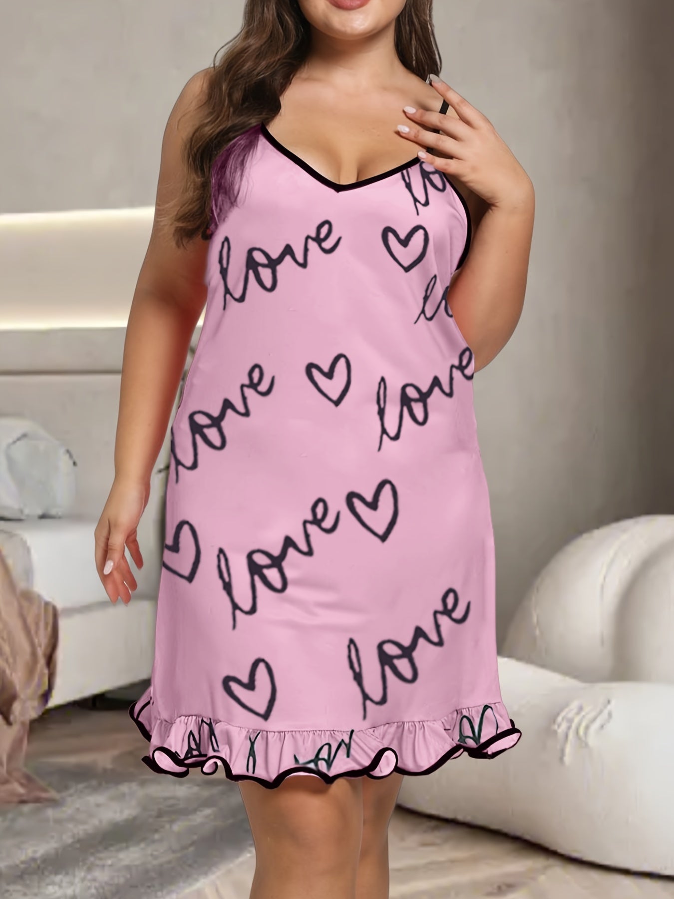  Heart & Letter Print Ruffle Trim Cami Sleep Dress