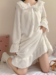 Fuzzy Ruffle NightDress Long Sleeve Bow Pajama Dress Women's Sleepwear