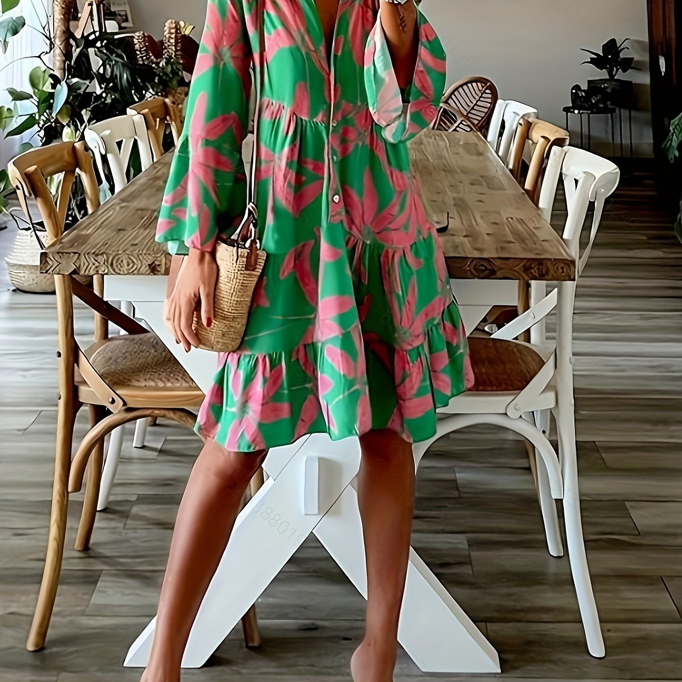  Floral Print Bell Sleeve V Neck Smock Dress