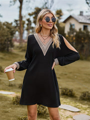  Colorblock Lace Cut Out V Neck Mini Dress