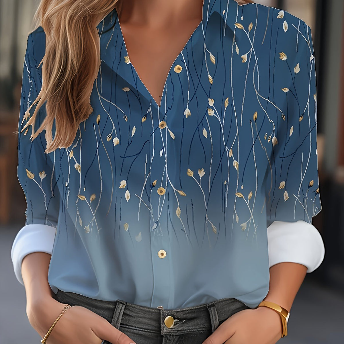  Ombre Floral Print Long Sleeve Button Up Shirt
