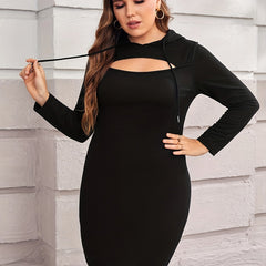  Solid Hooded Drawstring Cut Out Front Midi Dress