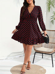  Dot Print Lantern Sleeve Smock Dress