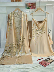 Floral Print Pajama Set & Robe Long Sleeve Sleepwear