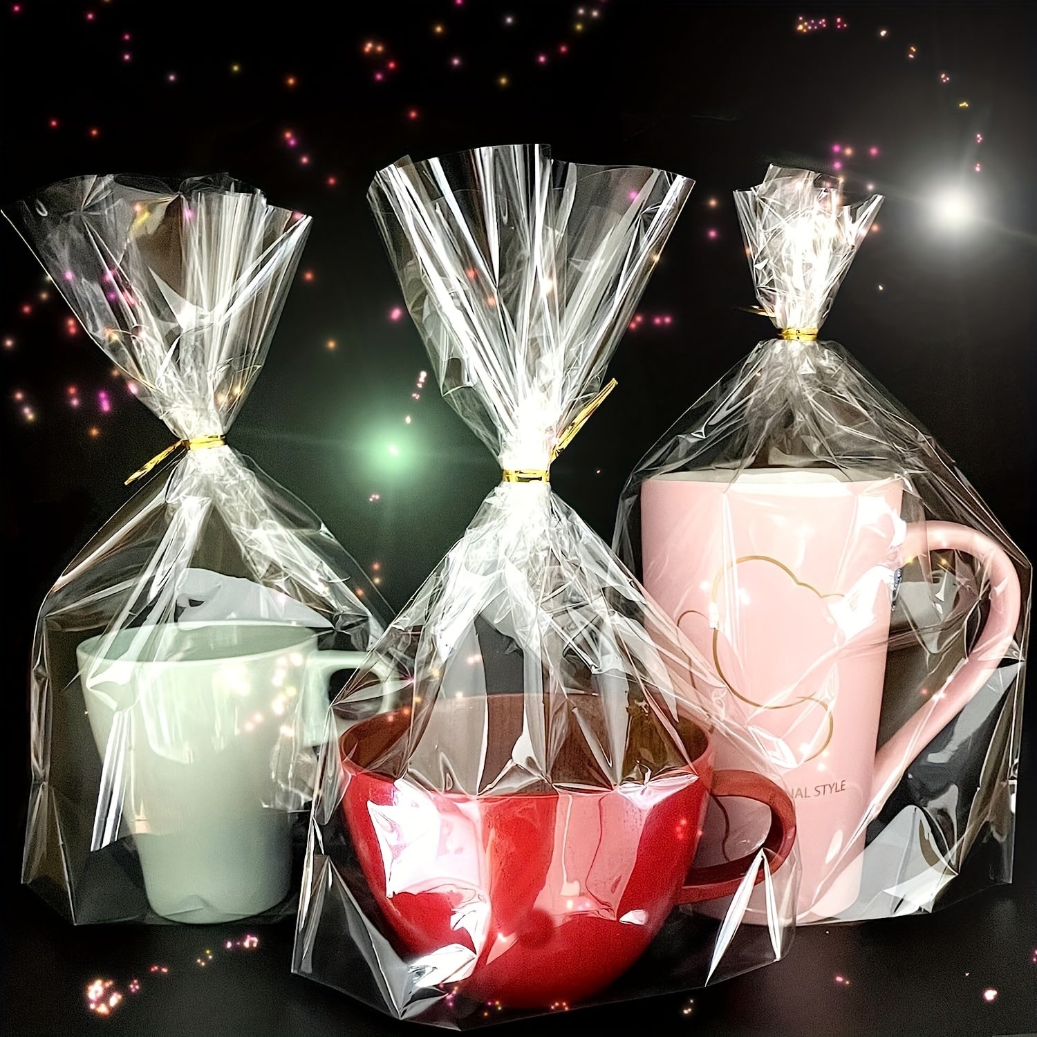 50 Clear Cellophane Treat Bags & Twist Ties for Gift Wrapping & Food Storage