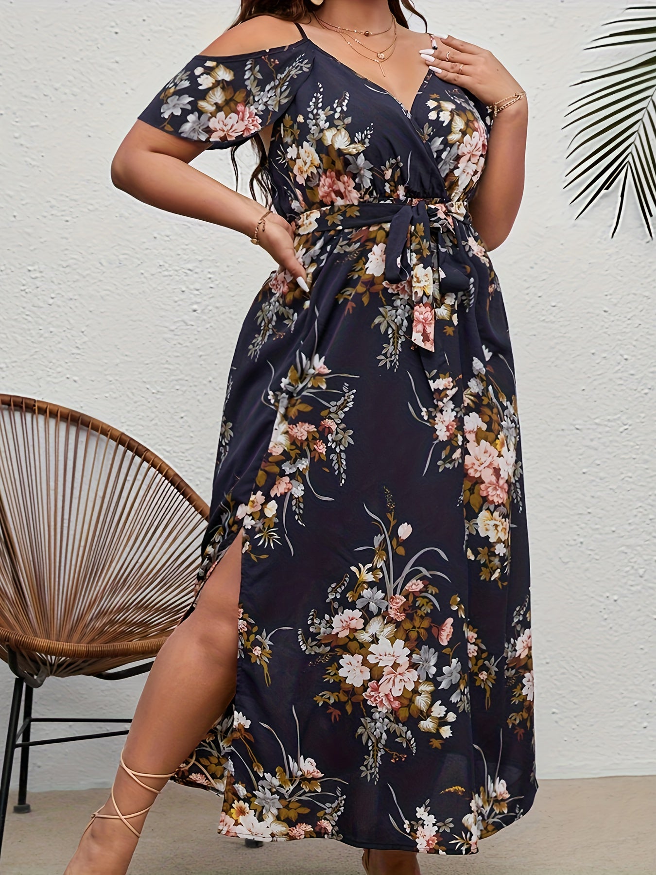 Women's Plus Floral Print Cold Shoulder Maxi Dress