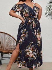 Women's Plus Floral Print Cold Shoulder Maxi Dress