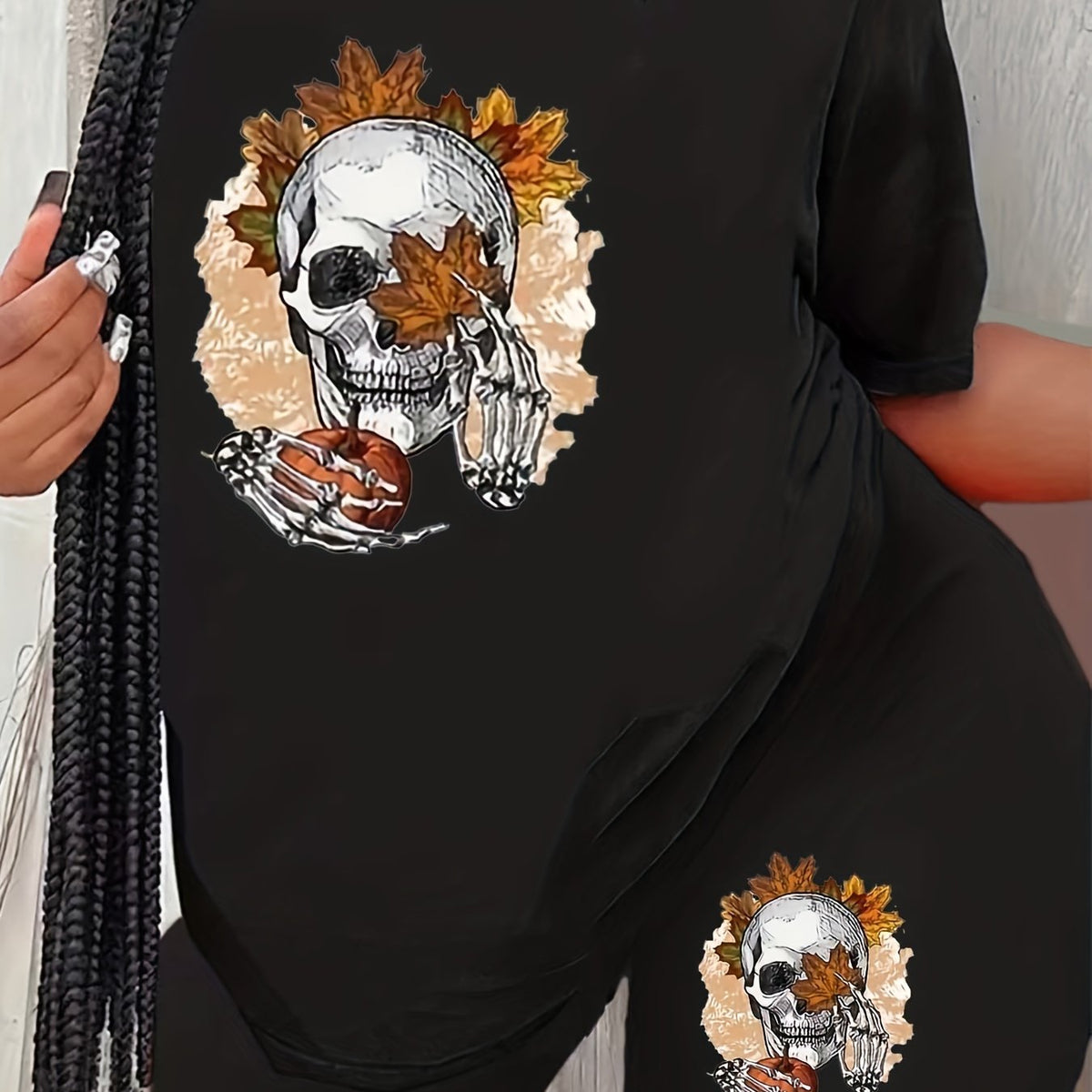 Halloween Skull & Maple Leaf & Pumpkin Print Top & Biker Shorts Set