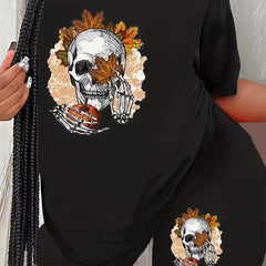  Halloween Skull & Maple Leaf & Pumpkin Print Top & Biker Shorts Set