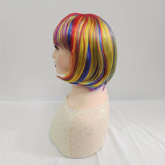 Rainbow Colors Short Hair Bob Wig With Bangs Synthetic Cosplay Daily Party Wig