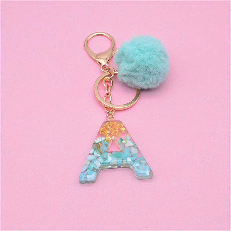 Plush Ball & Plastic Letter Keychain for Women & Girls