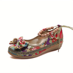 Women's Bowknot Linen Flat Shoes Beaded Strap Slip On Wedge Shoes Ethnic