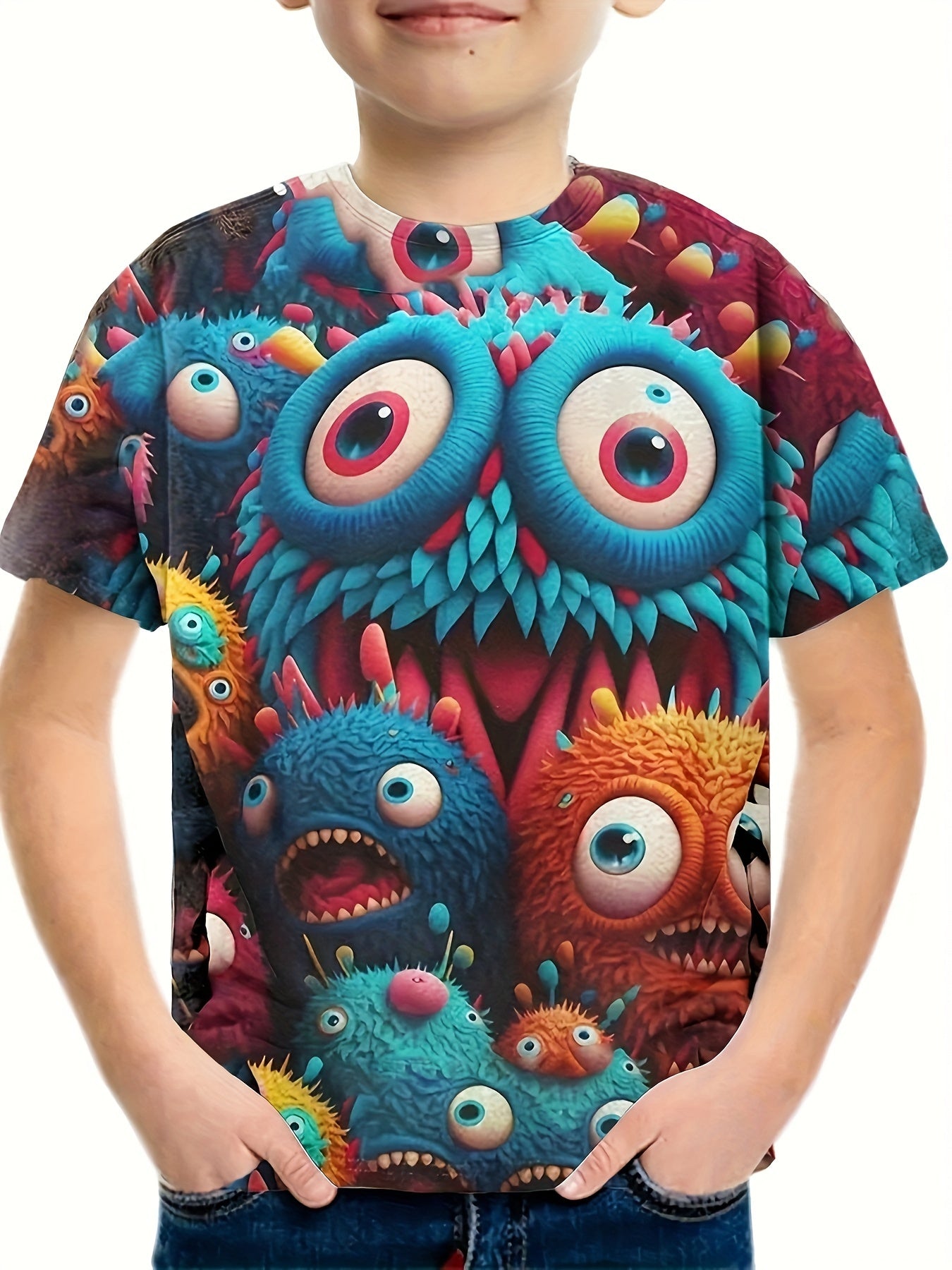 Breathable 3D Monster Print Short Sleeve T shirt Kids Summer Clothes