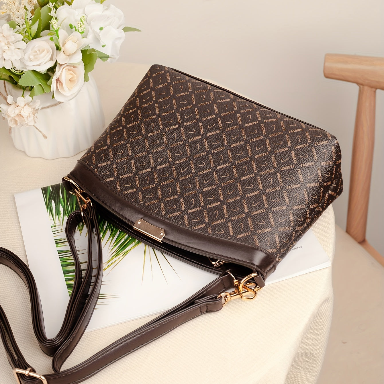 Retro Classic Print Crossbody Bag Vintage PU Leather Shoulder Bag