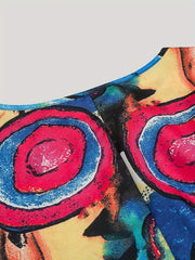  Abstract Print Long Sleeve Pleated Blouse