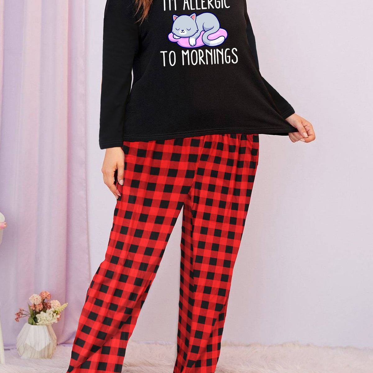  Cat & Letter Graphic Long Sleeve Tee & Plaid Pants Lounge Set