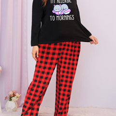  Cat & Letter Graphic Long Sleeve Tee & Plaid Pants Lounge Set
