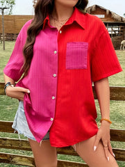 Colorblock Ribbed Short Sleeve Button Up Loose Fit Shirt